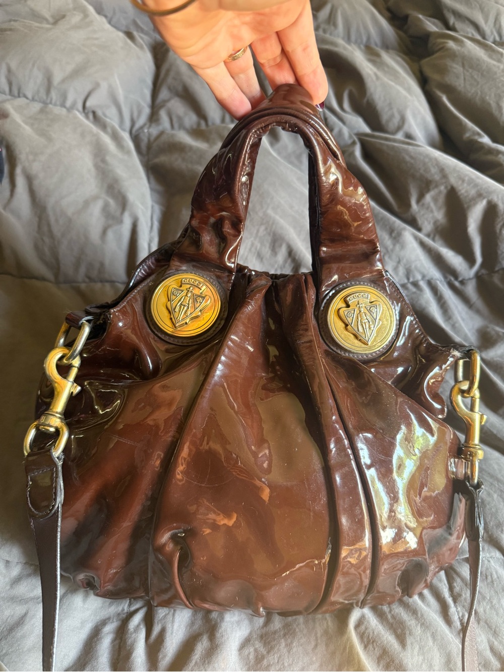 GUCCI Vintage Purple Patent Shoulder Bag with Gold Medallion Accents